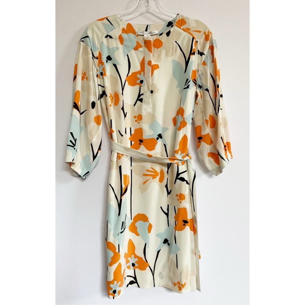 Floral Print Belted Midi Dress in Cream and Orange